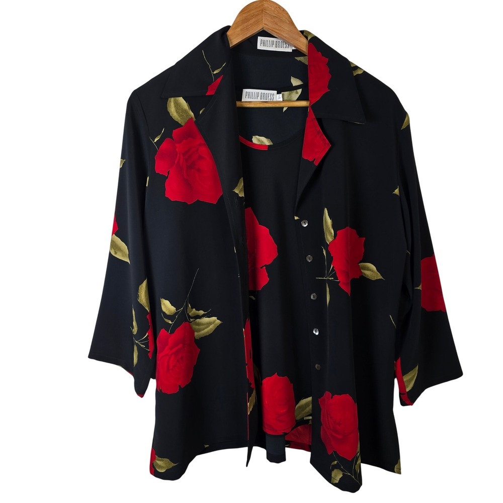 Phillip Broess‎ Black Red Rose Print Button Front Shirt Blouse Tank Top Women L